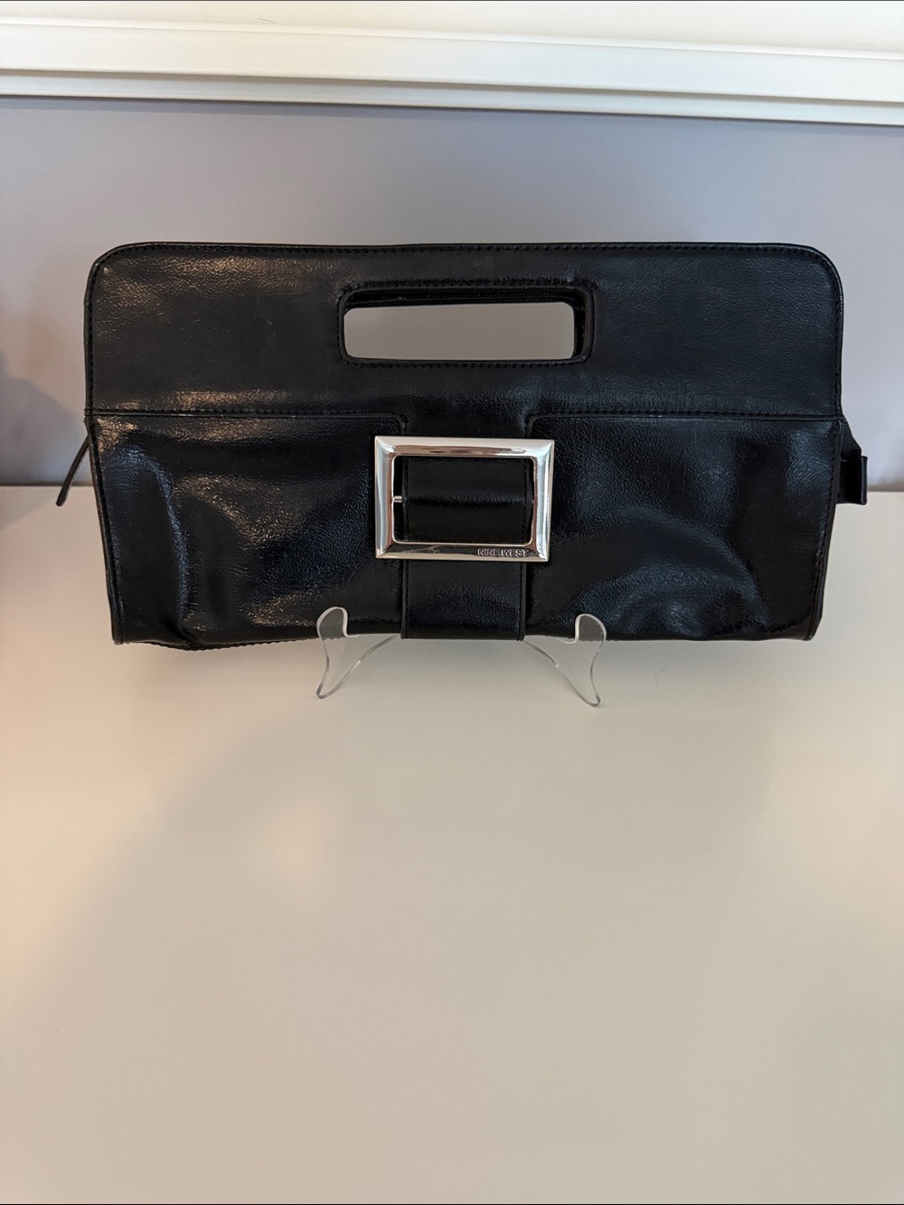 Nine West Black Leather Clutch with Silver Buckle Accent